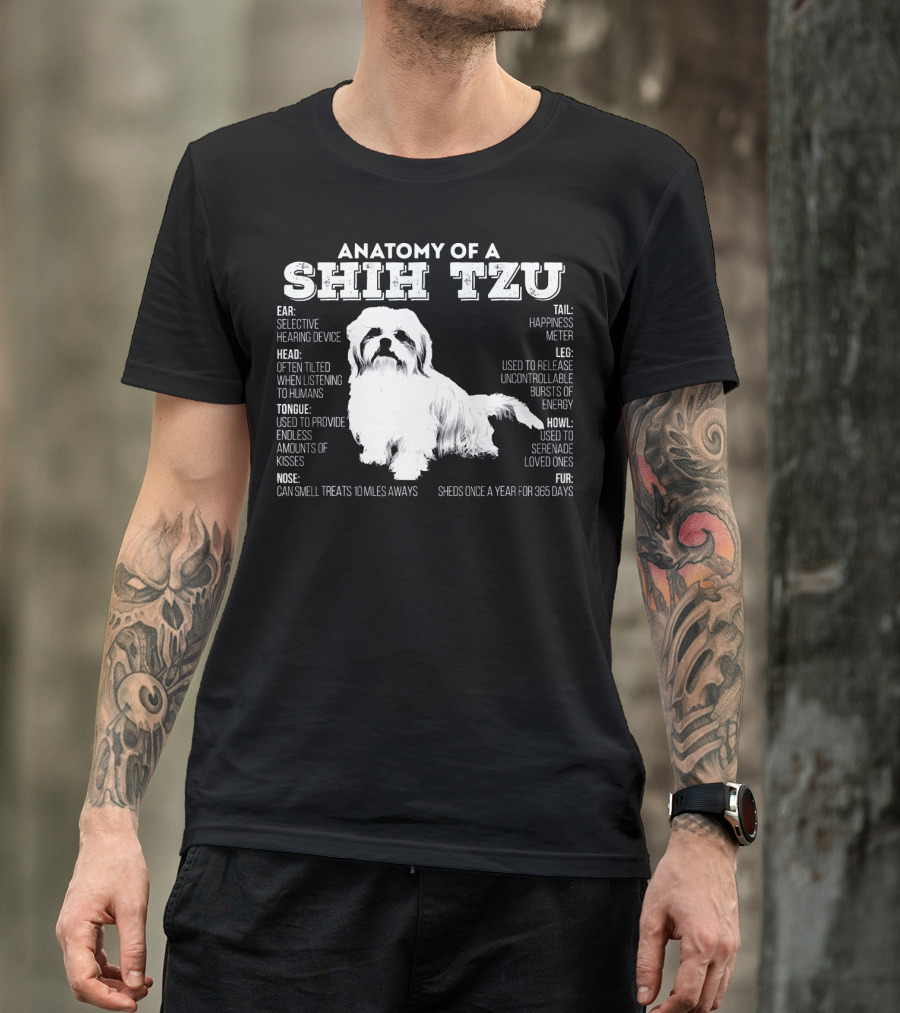 Anatomy Of A Shih Tzu Head Hearing Tongue Nose Tail Leg Fur Howl Happiness Device Energy Kisses Treats Serenade Love T-Shirt