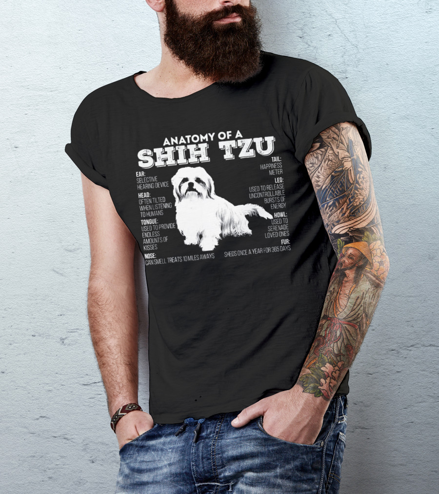 Anatomy Of A Shih Tzu Head Hearing Tongue Nose Tail Leg Fur Howl Happiness Device Energy Kisses Treats Serenade Love T-Shirt
