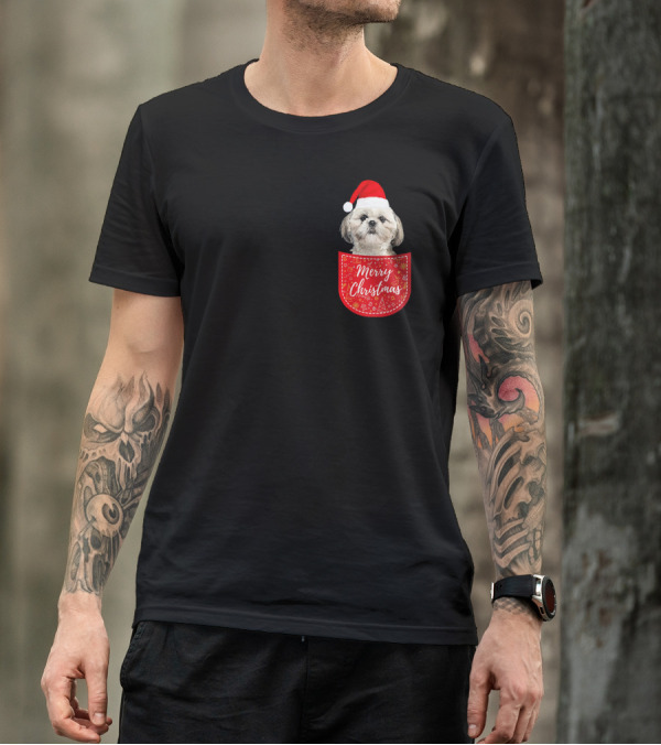 Merry Christmas Shih Tzu Santa Hat Dog In Pocket T-Shirt