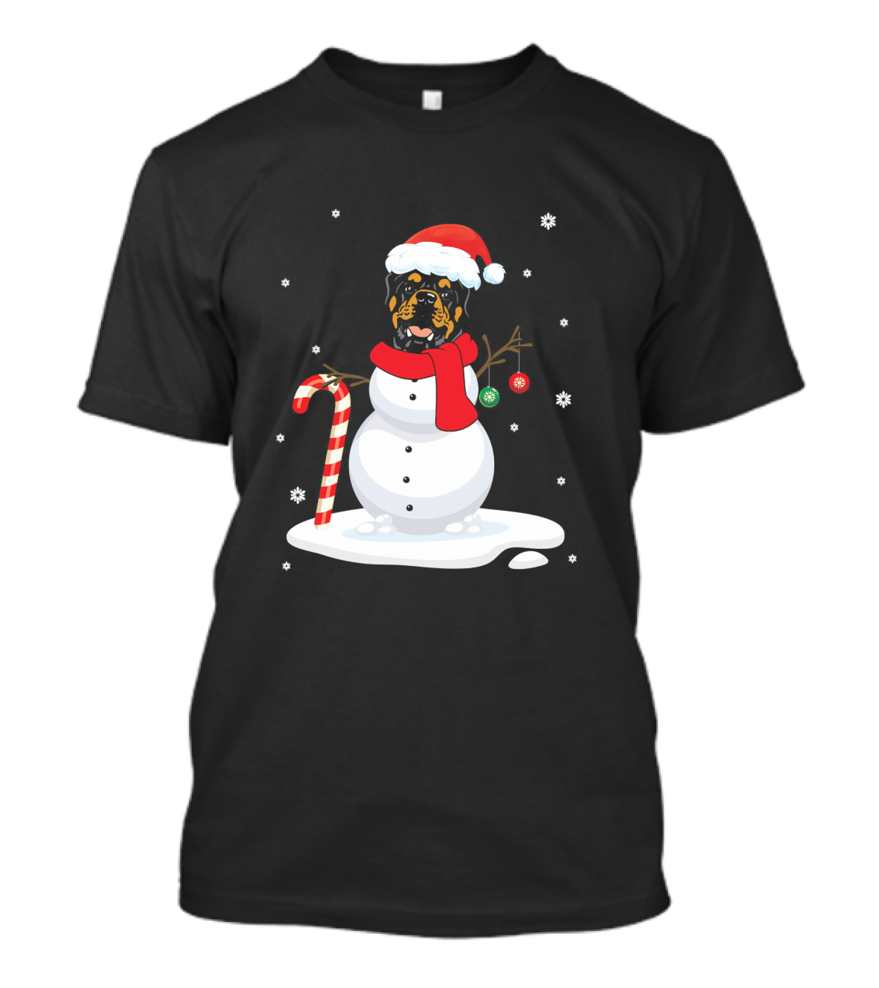 Rottweiler Snowman With Santa Hat And Candy Cane T-Shirt