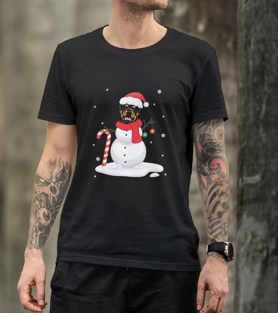 Rottweiler Snowman With Santa Hat And Candy Cane T-Shirt