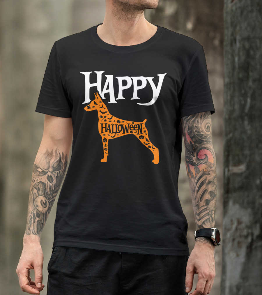 Happy Halloween Doberman Silhouette With Pumpkin T-Shirt