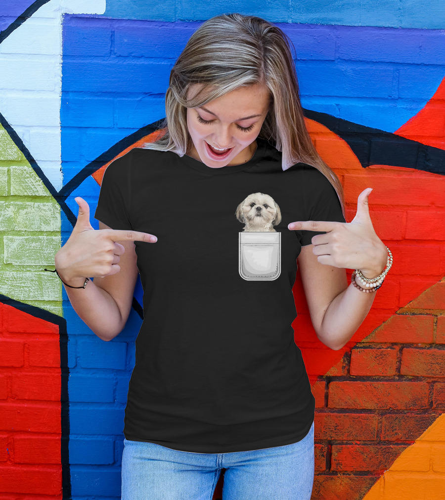 Shih Tzu Puppy Dog Peeking From Pocket T-Shirt
