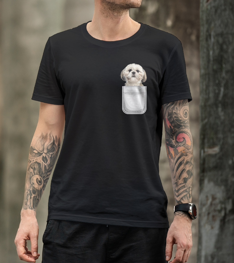 Shih Tzu Puppy Dog Peeking From Pocket T-Shirt