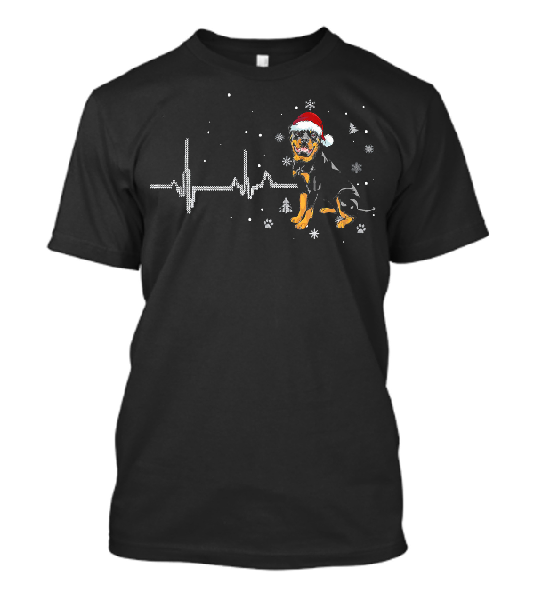 Rottweiler Heartbeat Santa Hat Christmas Snowflakes Winter Dog T-Shirt