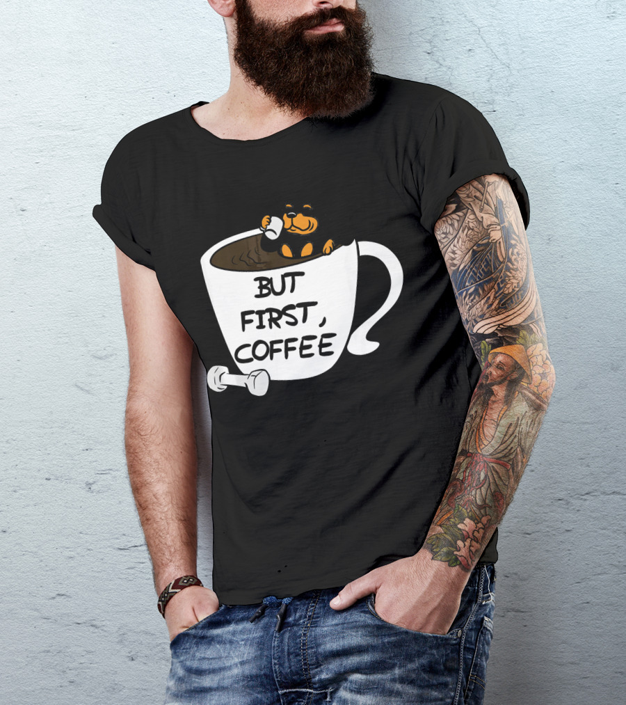 Rottweiler Relaxing With Bone In Coffee Mug But First Coffee T-Shirt