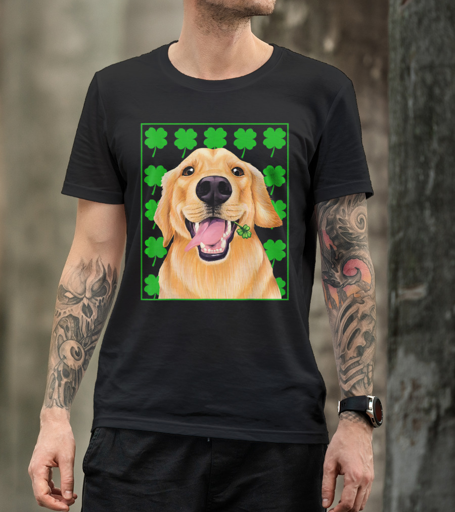 Golden Retriever St. Patricks Day Clover Background T-Shirt