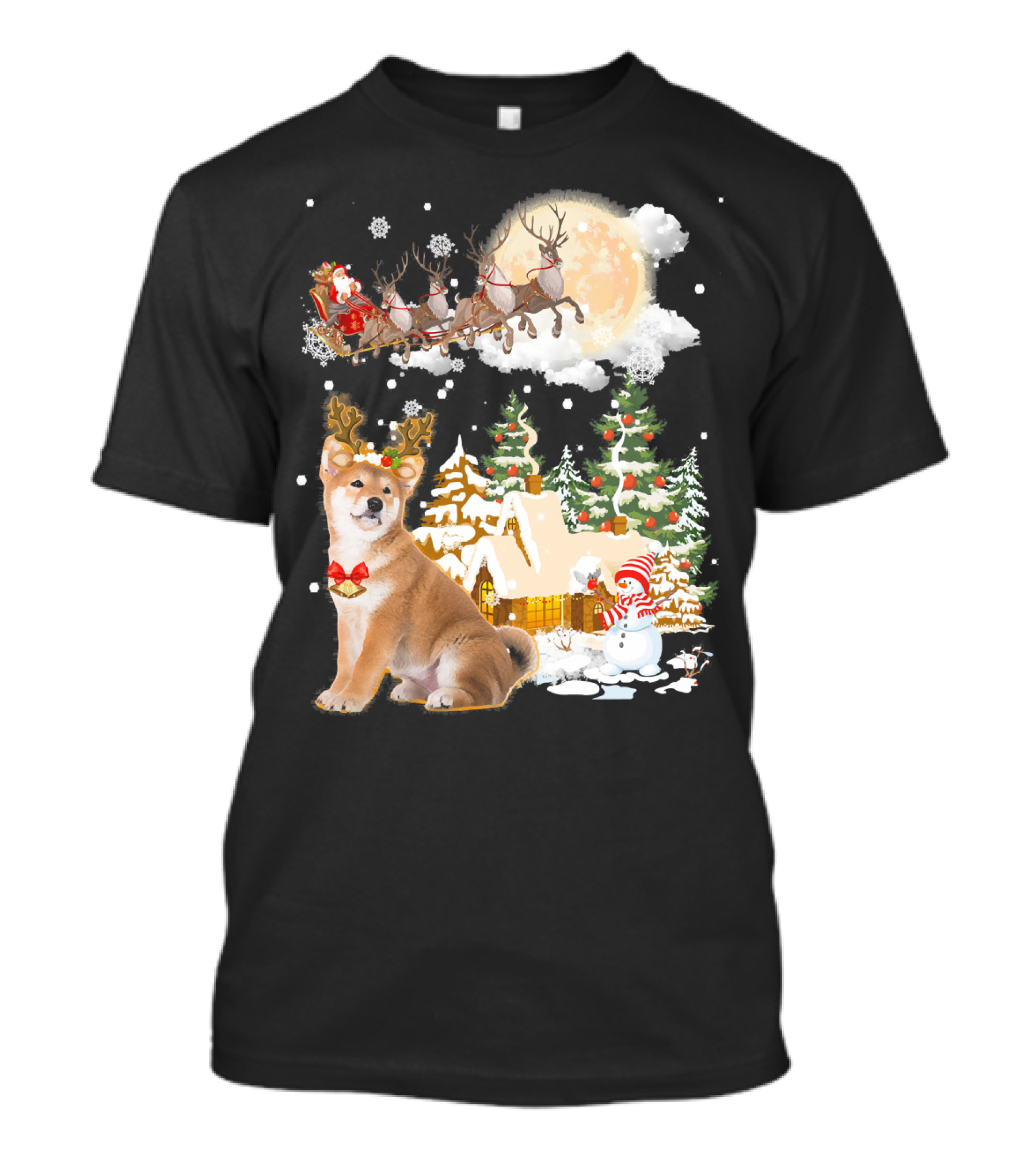 Santa Sleigh Akita Inu Snow Scene T-Shirt