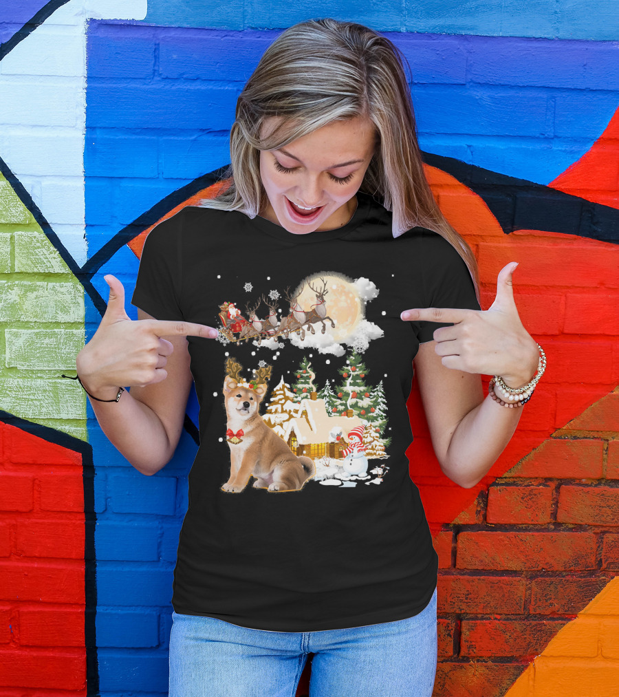 Santa Sleigh Akita Inu Snow Scene T-Shirt