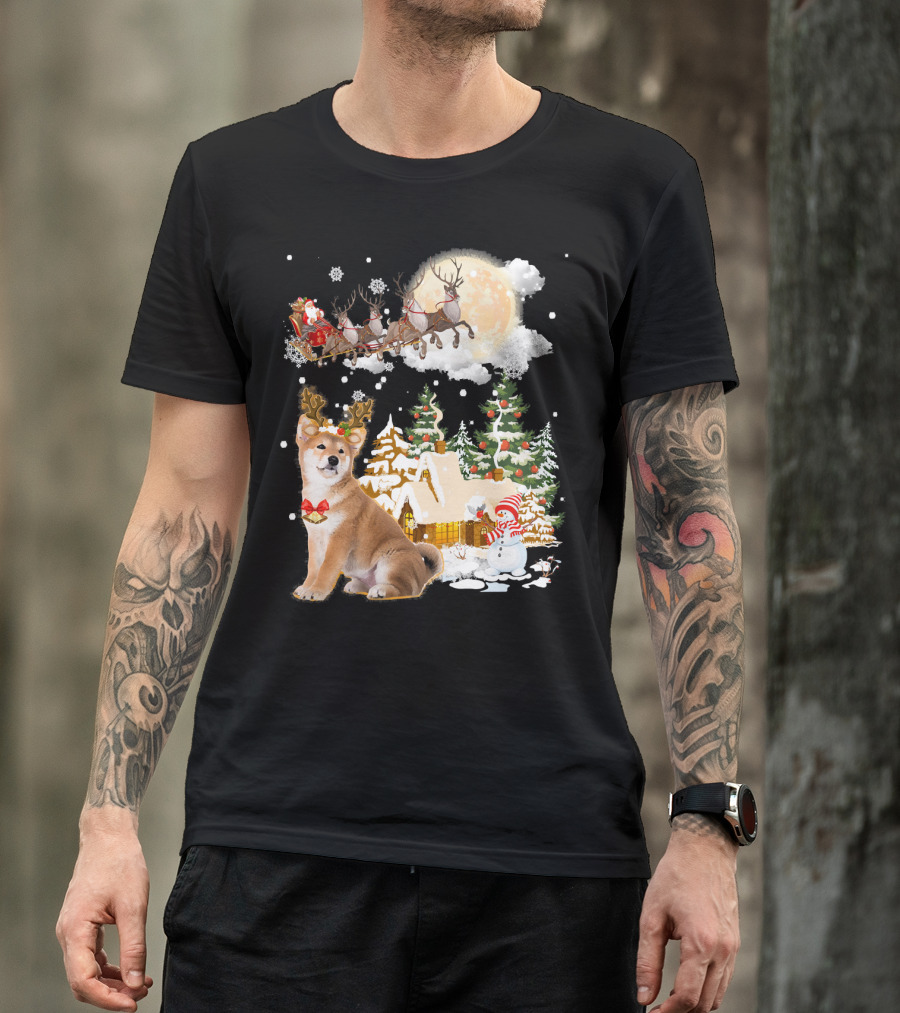 Santa Sleigh Akita Inu Snow Scene T-Shirt