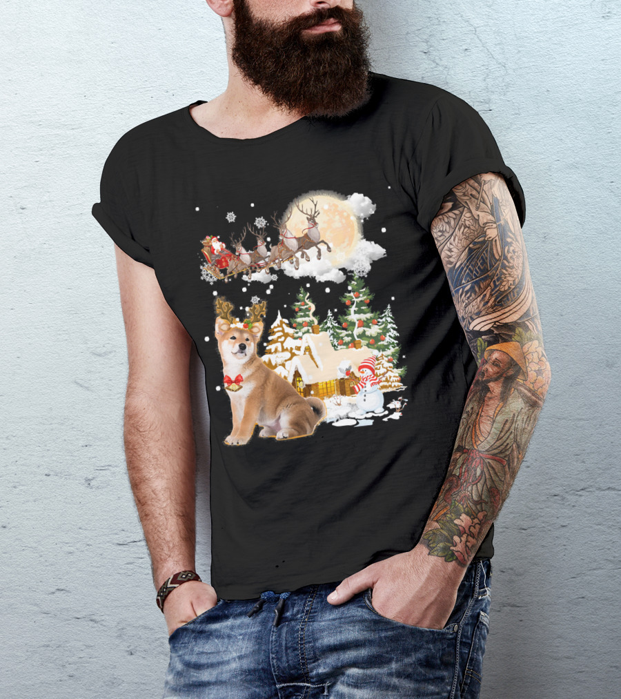 Santa Sleigh Akita Inu Snow Scene T-Shirt