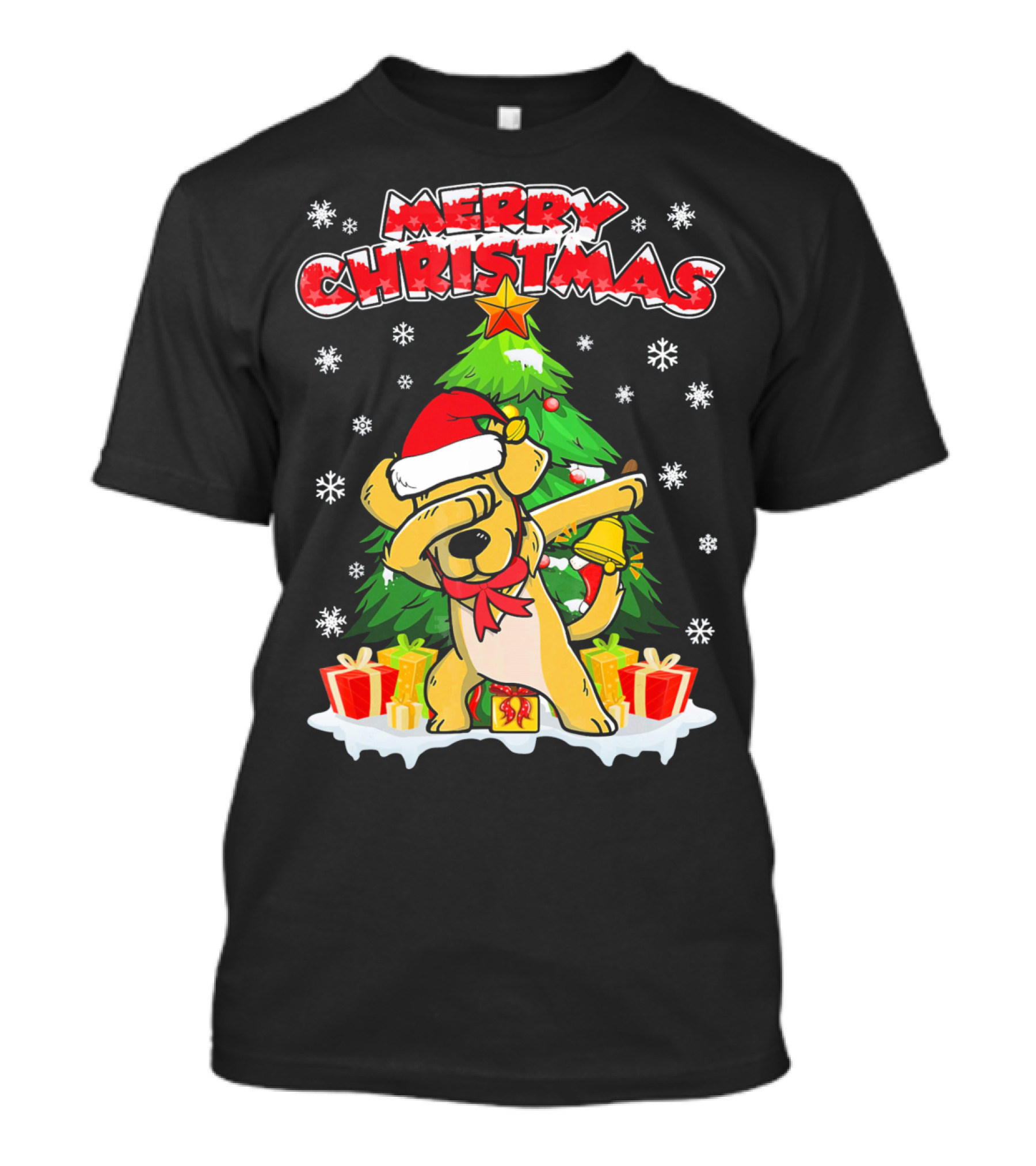 Merry Christmas Funny Dabbing Golden Retriever With Santa Hat And Christmas Tree T-Shirt