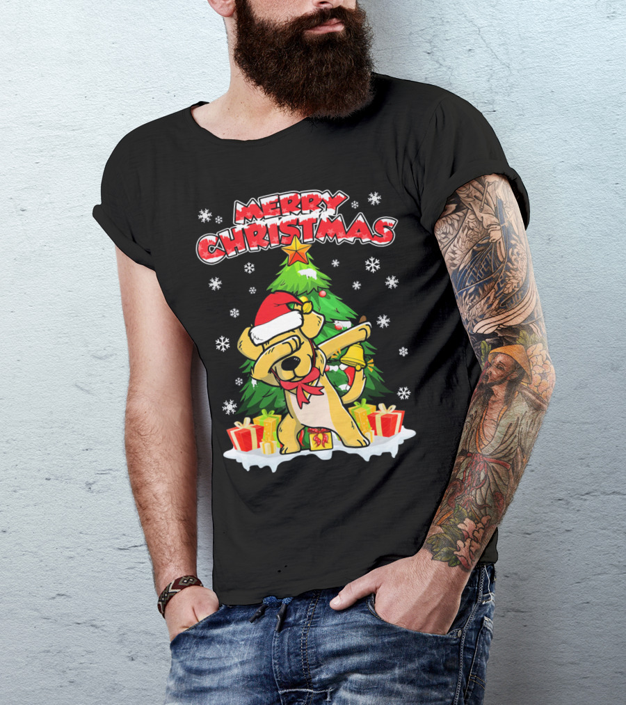 Merry Christmas Funny Dabbing Golden Retriever With Santa Hat And Christmas Tree T-Shirt