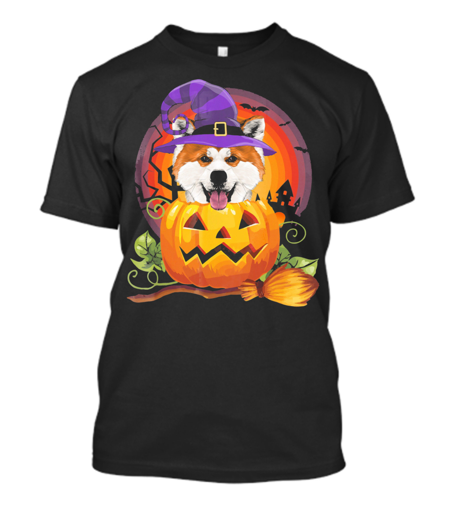 Halloween Akita Dog In Pumpkin And Witch Hat With Bats And Broomstick T-Shirt