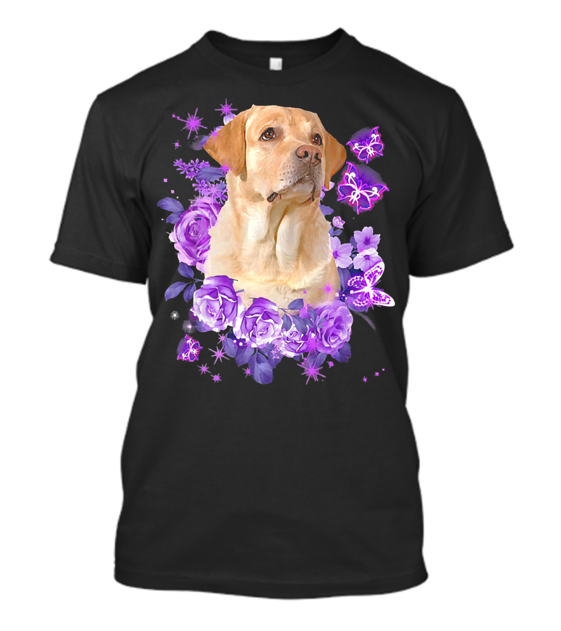 Cute Labrador Retriever Surrounded By Purple Flowers And Butterflies T-Shirt