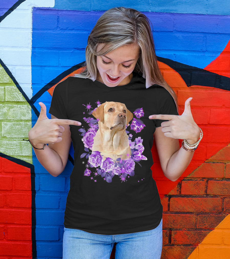Cute Labrador Retriever Surrounded By Purple Flowers And Butterflies T-Shirt