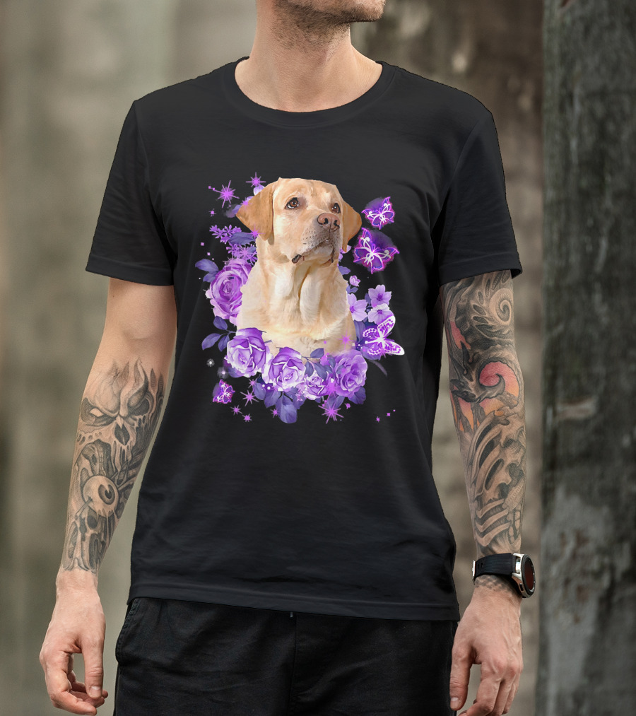 Cute Labrador Retriever Surrounded By Purple Flowers And Butterflies T-Shirt