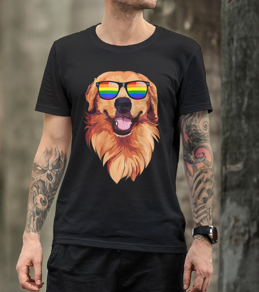 Golden Retriever With Rainbow Sunglasses Face T-Shirt