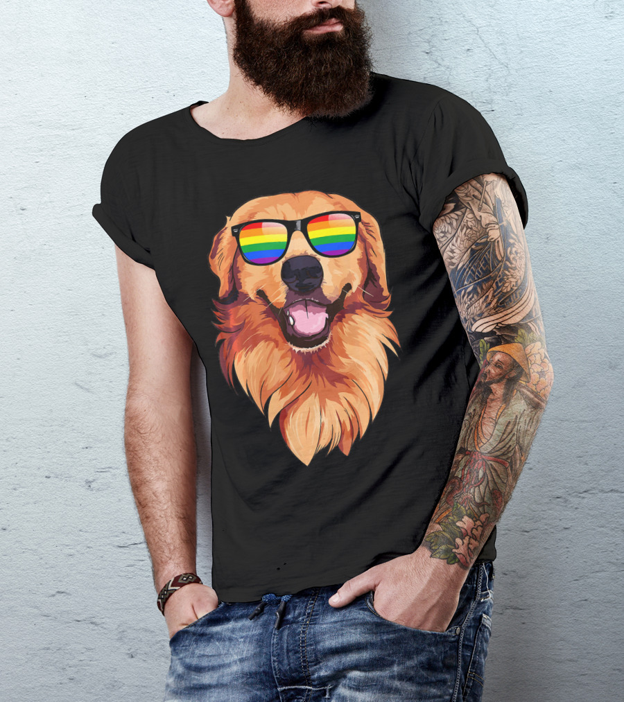 Golden Retriever With Rainbow Sunglasses Face T-Shirt