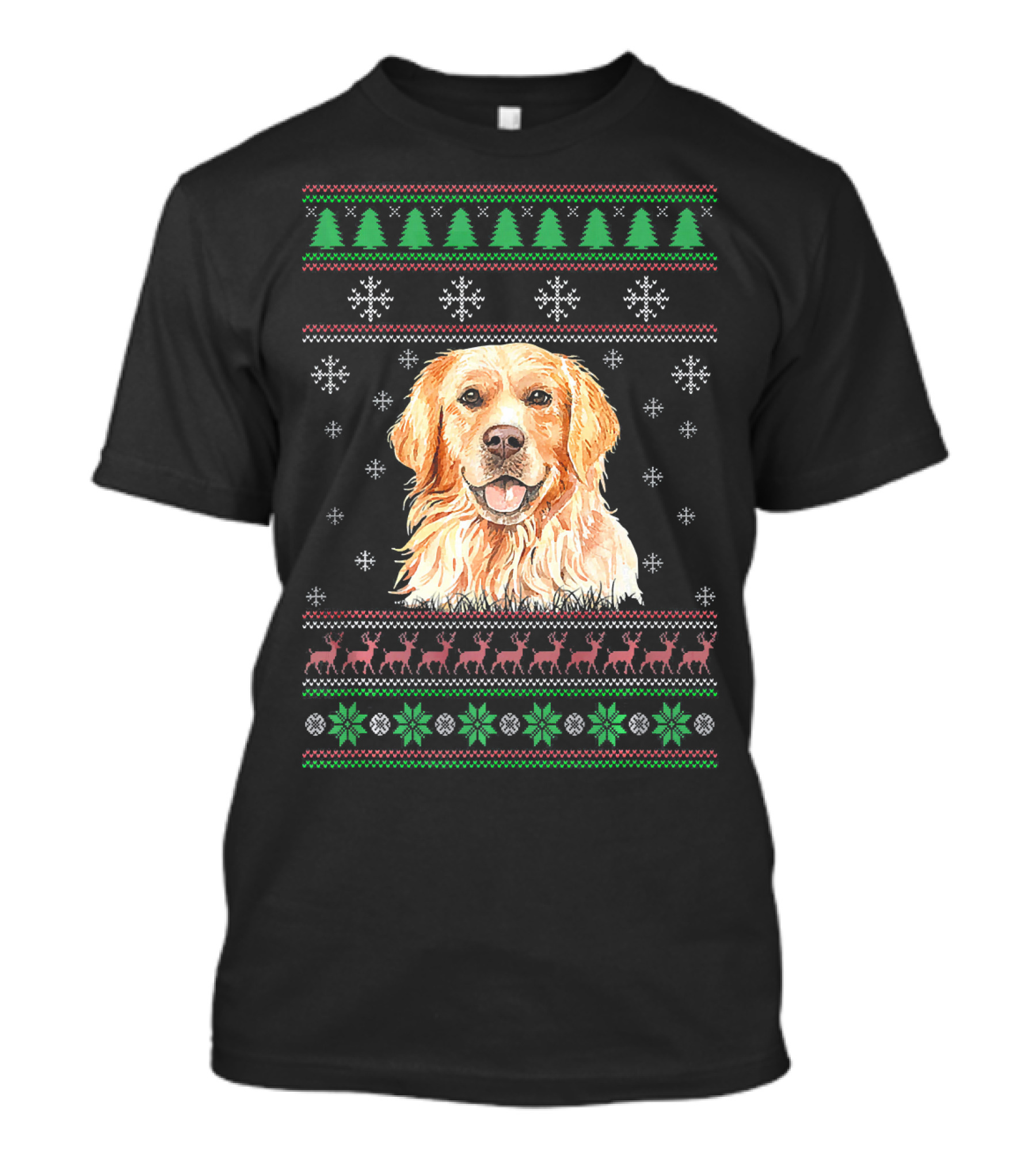 Dog Lover Ugly Christmas Golden Retriever Sweater Snowflakes Trees Reindeer T-Shirt