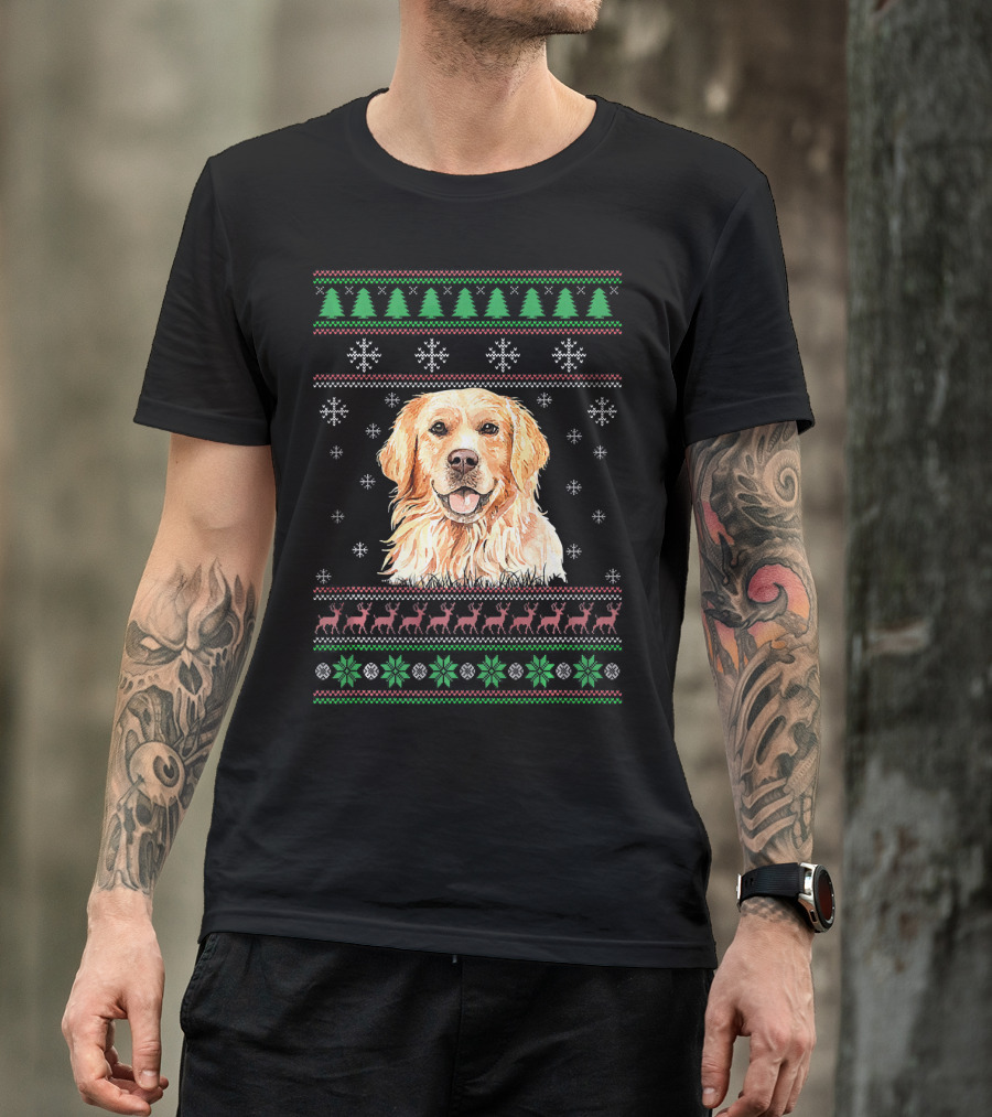Dog Lover Ugly Christmas Golden Retriever Sweater Snowflakes Trees Reindeer T-Shirt