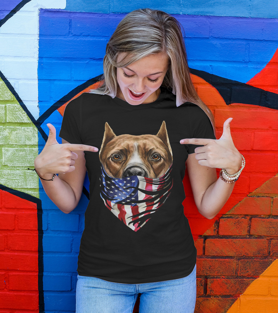 Brown Pit Bull With American Flag Bandana USA Patriotic T-Shirt