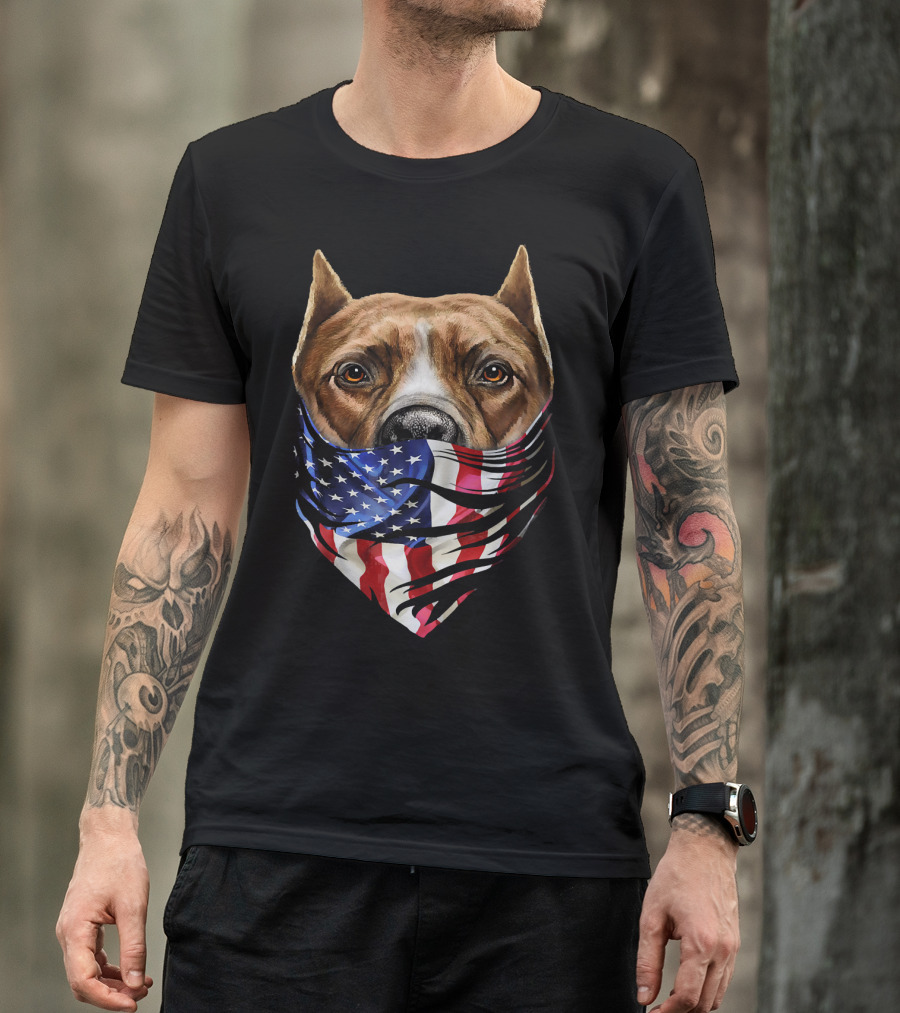 Brown Pit Bull With American Flag Bandana USA Patriotic T-Shirt