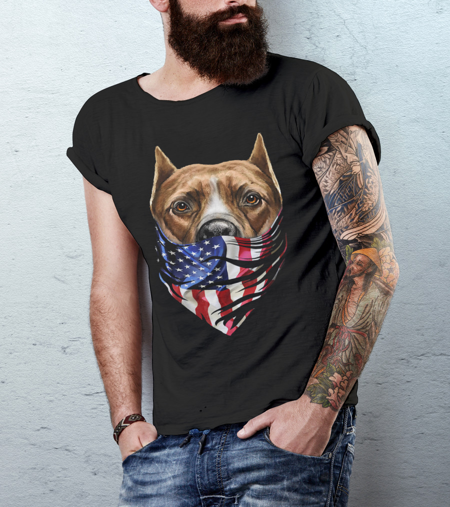 Brown Pit Bull With American Flag Bandana USA Patriotic T-Shirt