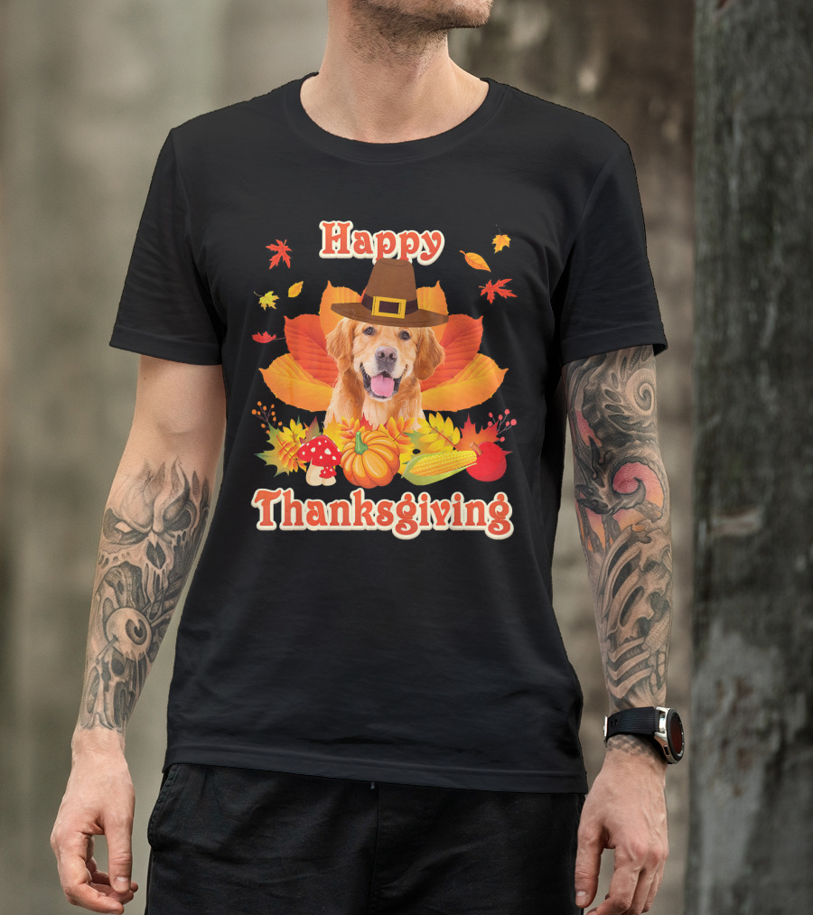 Thanksgiving Golden Retriever Dog With Pilgrim Hat And Autumn Harvest Elements T-Shirt