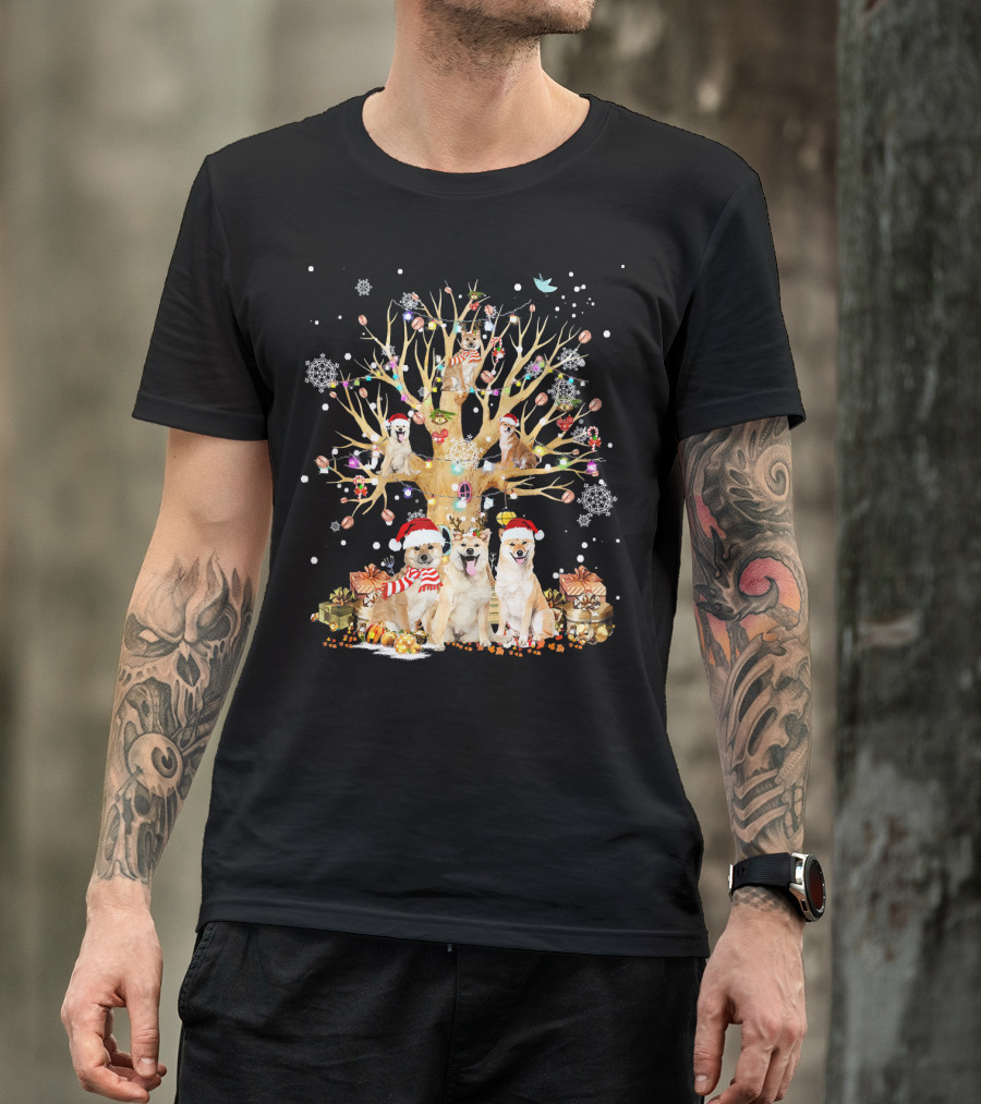 Akita Inu Christmas Tree Ornament Santa Hat Holiday Dogs Festive Presents Snowflakes T-Shirt