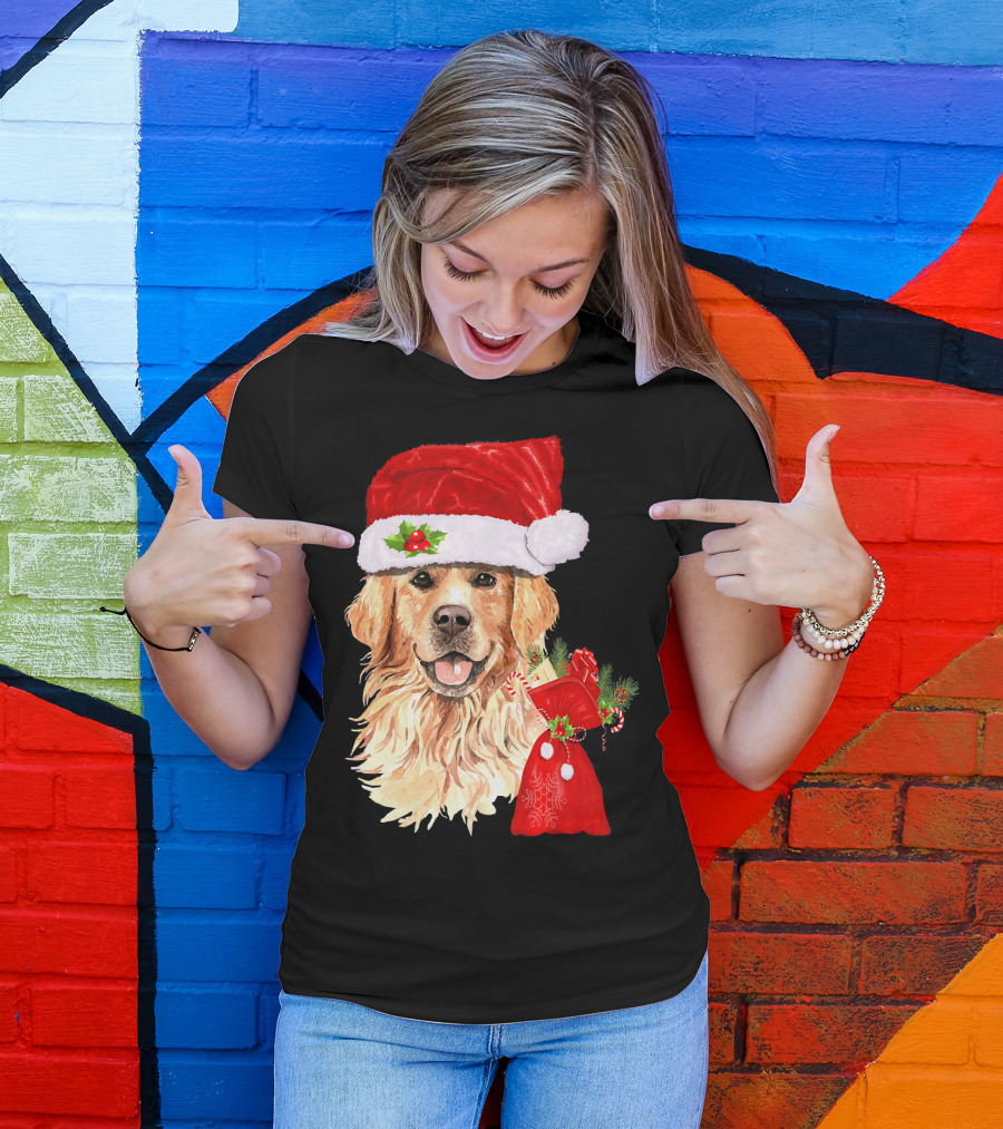Golden Retriever With Santa Hat And Christmas Stocking T-Shirt