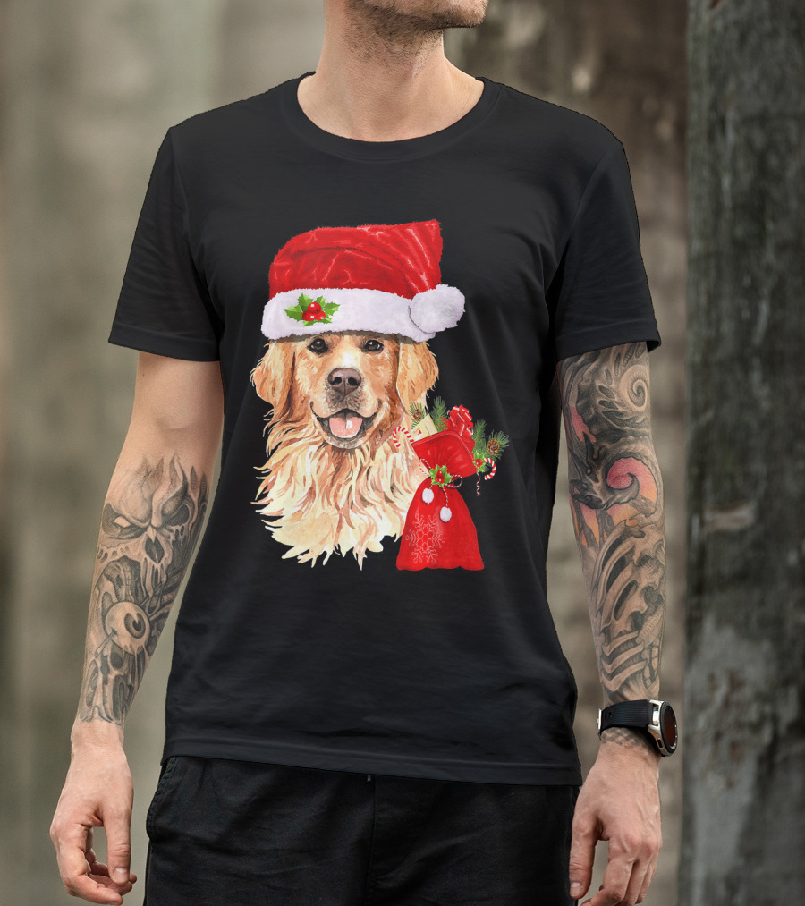 Golden Retriever With Santa Hat And Christmas Stocking T-Shirt