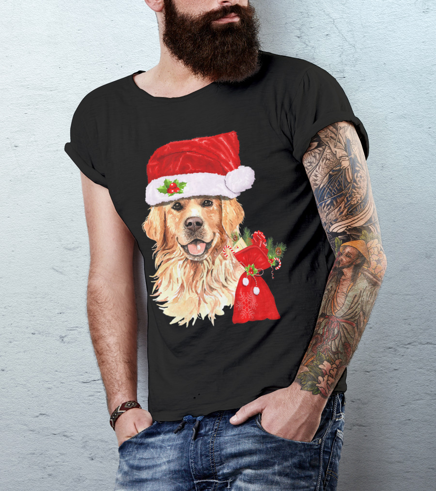 Golden Retriever With Santa Hat And Christmas Stocking T-Shirt