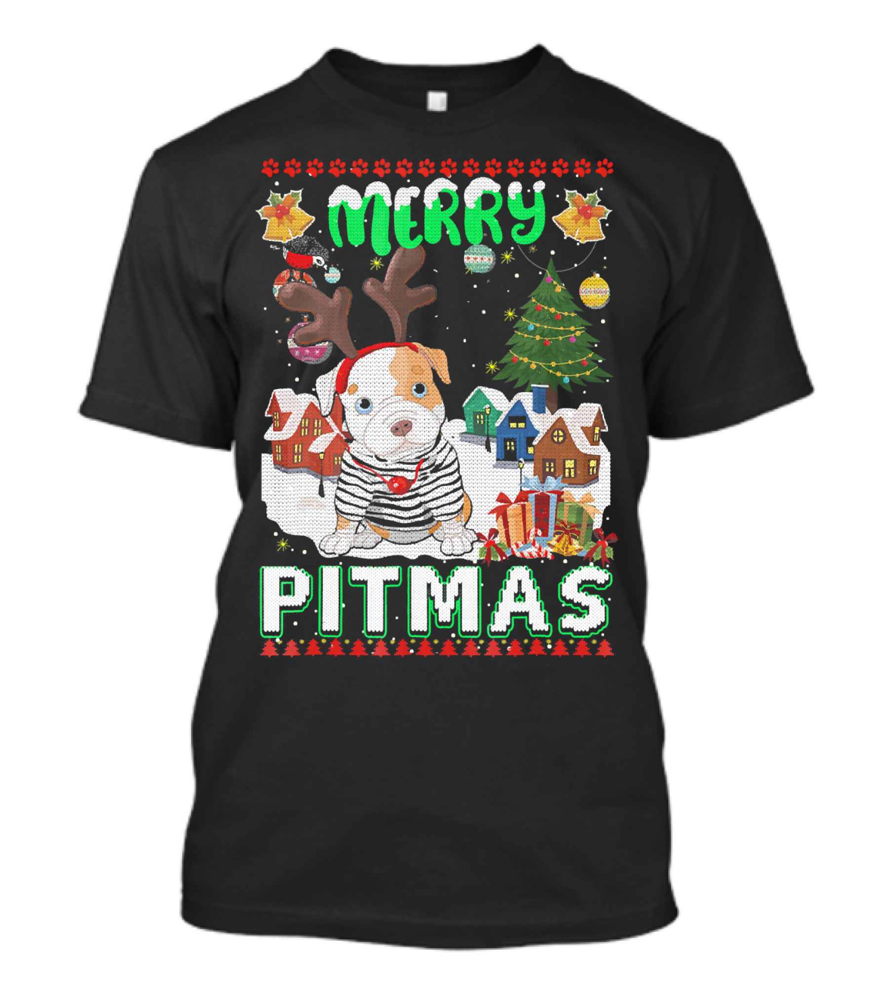 Merry Pitmas Cute Pit Bull With Christmas Village And Tree T-Shirt