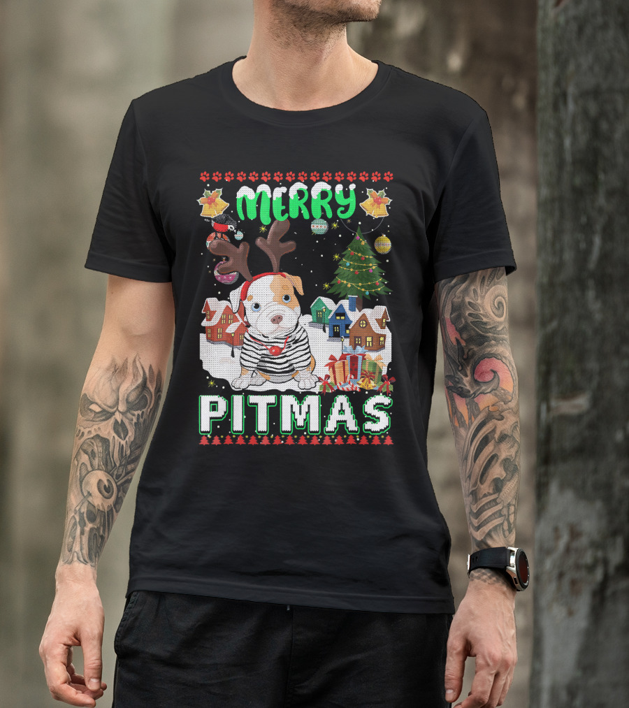 Merry Pitmas Cute Pit Bull With Christmas Village And Tree T-Shirt