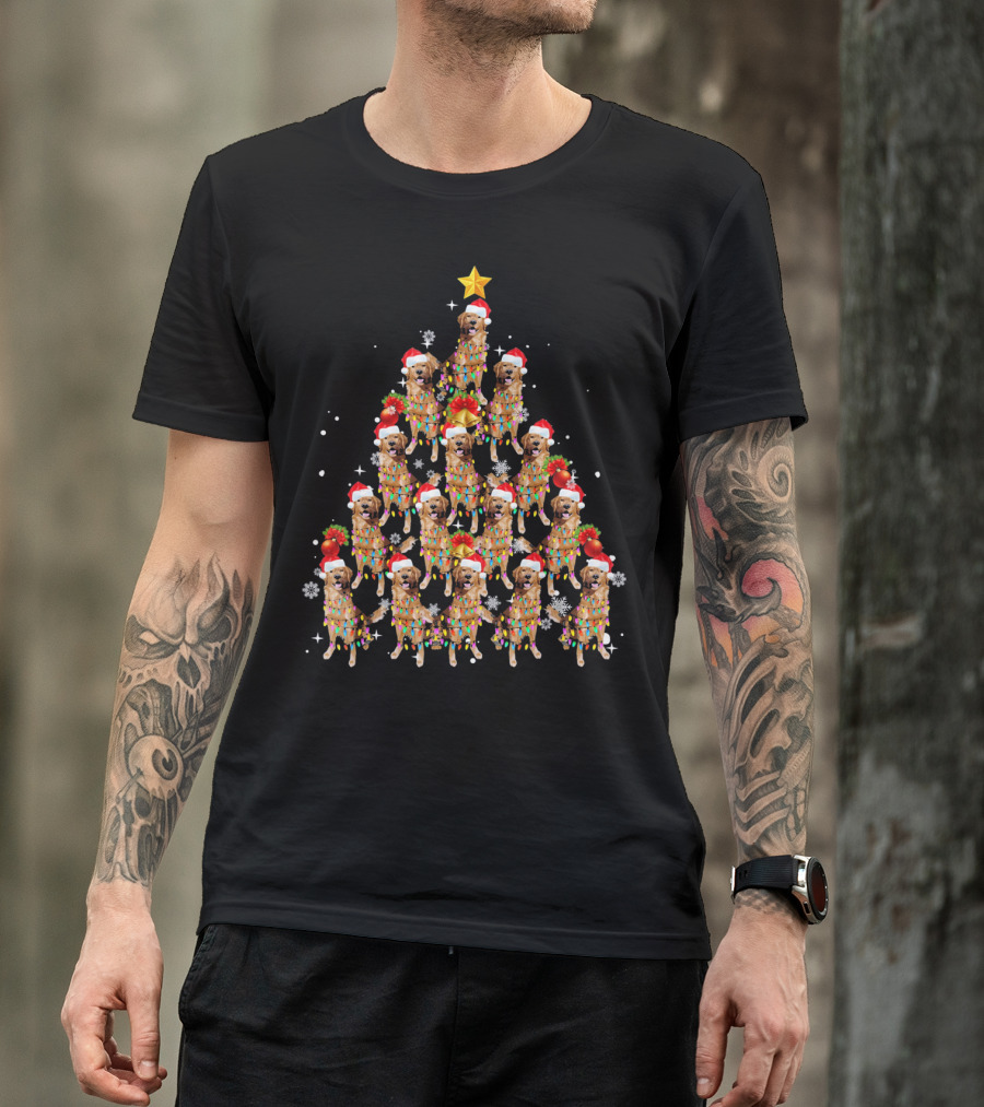 Golden Retriever Christmas Tree With Santa Hats And Colorful Lights T-Shirt