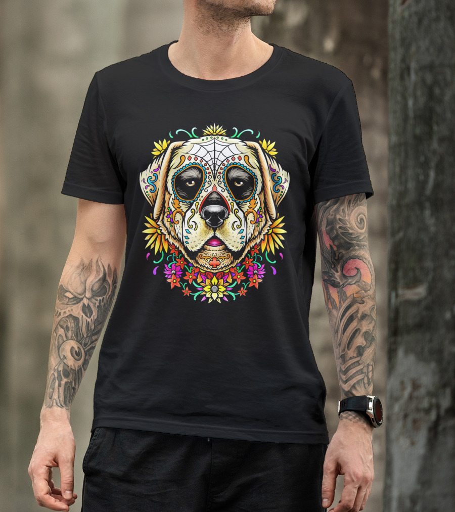 BDAZ Labrador Dog Sugar Skull Day Of The Dead Floral T-Shirt