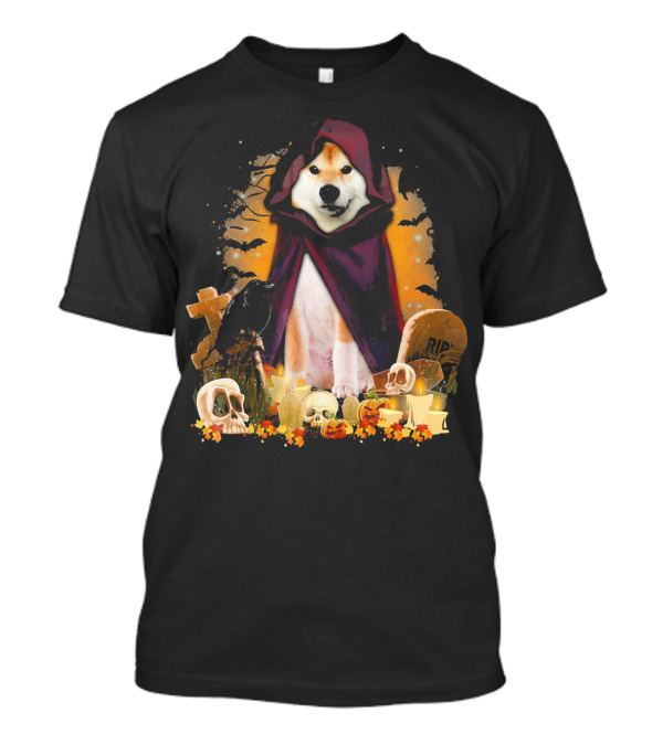 Akita Dog In Halloween Cloak With Skulls And Pumpkins T-Shirt