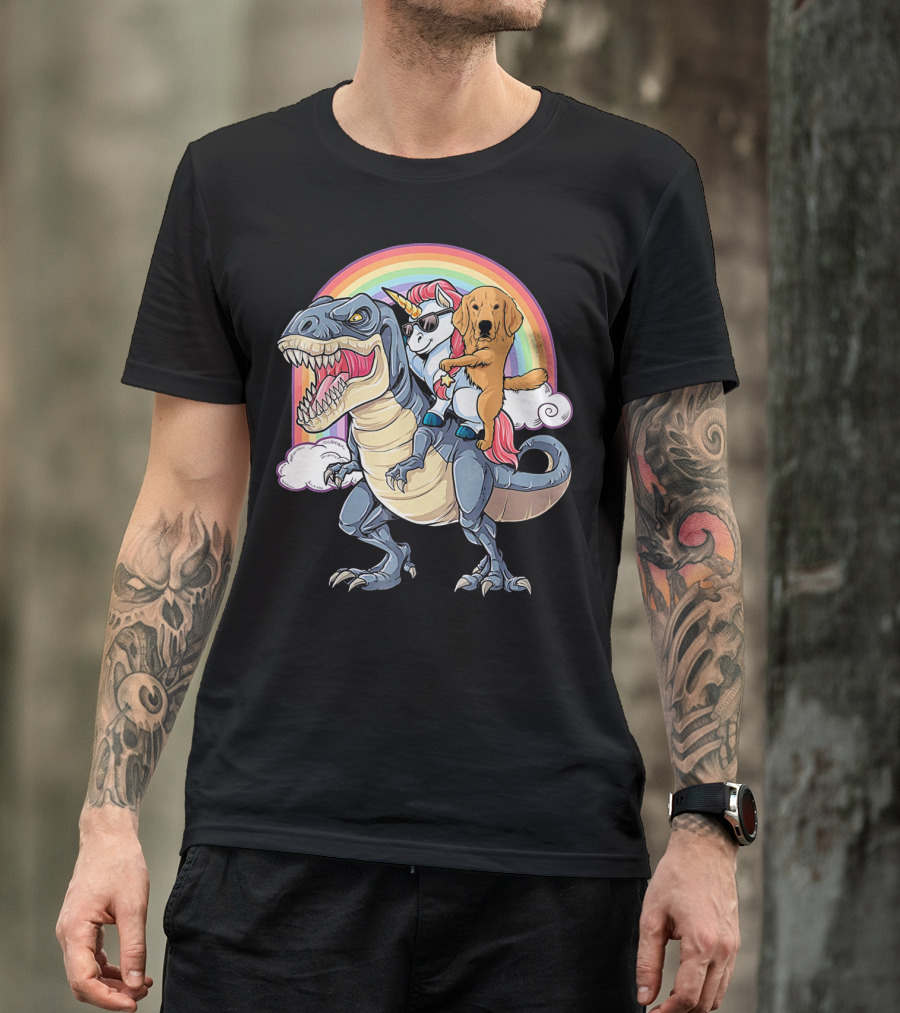 Golden Retriever Unicorn T-Rex Rainbow Adventure T-Shirt