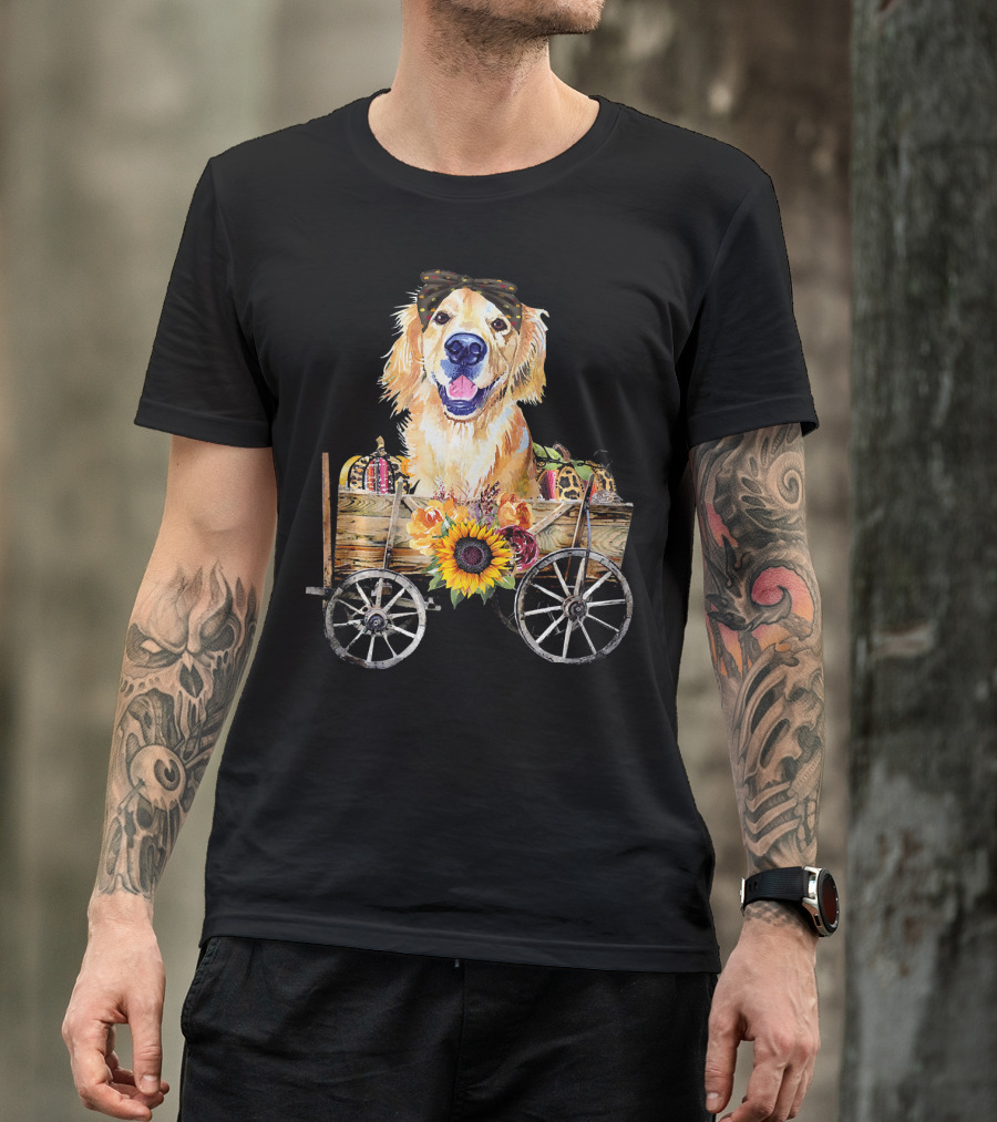 Golden Retriever With Pumpkins And Sunflower In Wooden Wheelbarrow T-Shirt