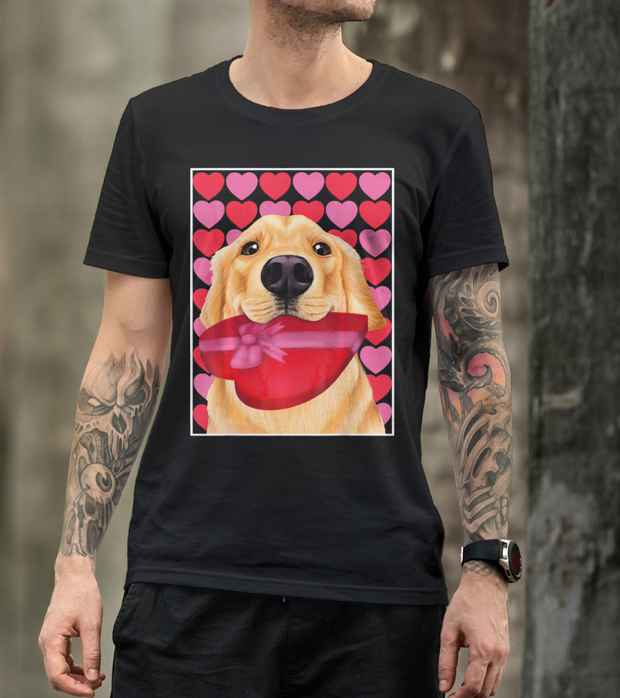 Golden Retriever Holding Red Heart-Shaped Gift Box Against Pink And Red Hearts Background T-Shirt