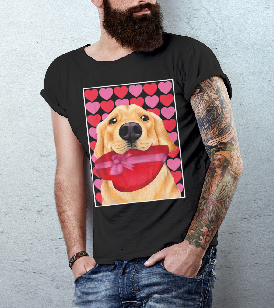 Golden Retriever Holding Red Heart-Shaped Gift Box Against Pink And Red Hearts Background T-Shirt
