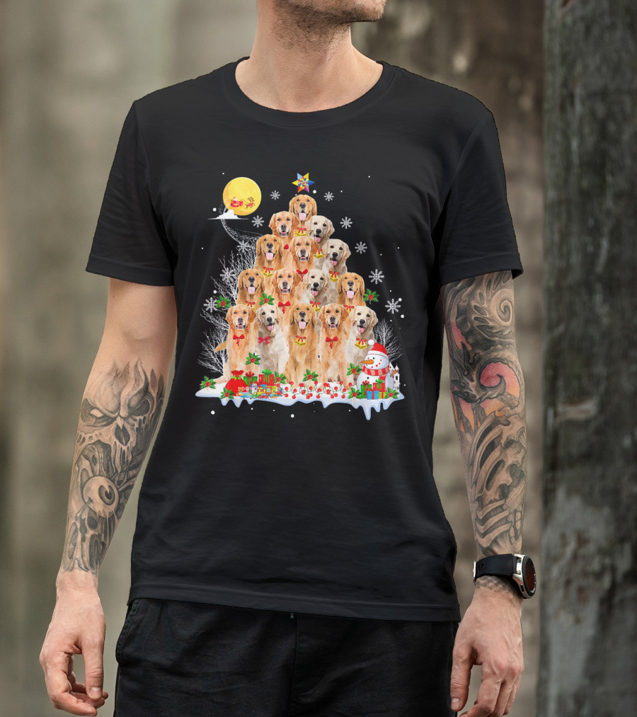Golden Retriever Dog Reindeer Pine Tree Christmas Santa Snowman T-Shirt