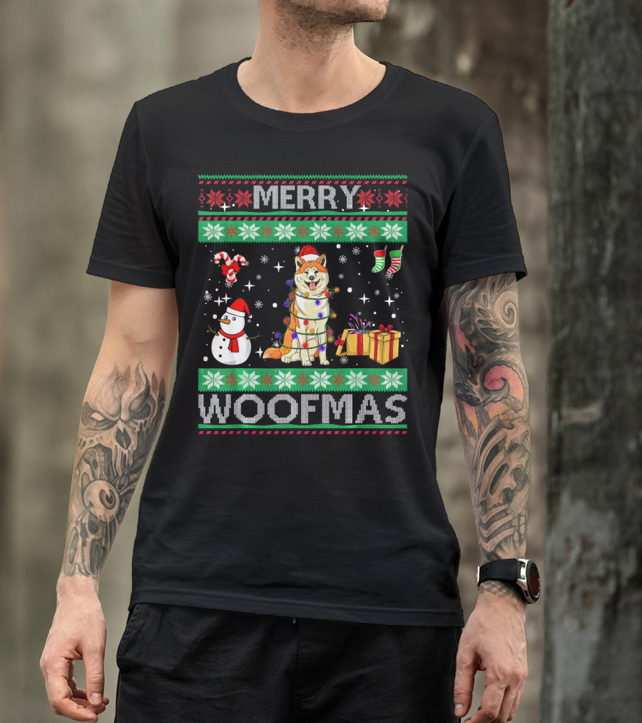 Merry Woofmas Akita Dog Christmas Snowman Lights Gifts T-Shirt