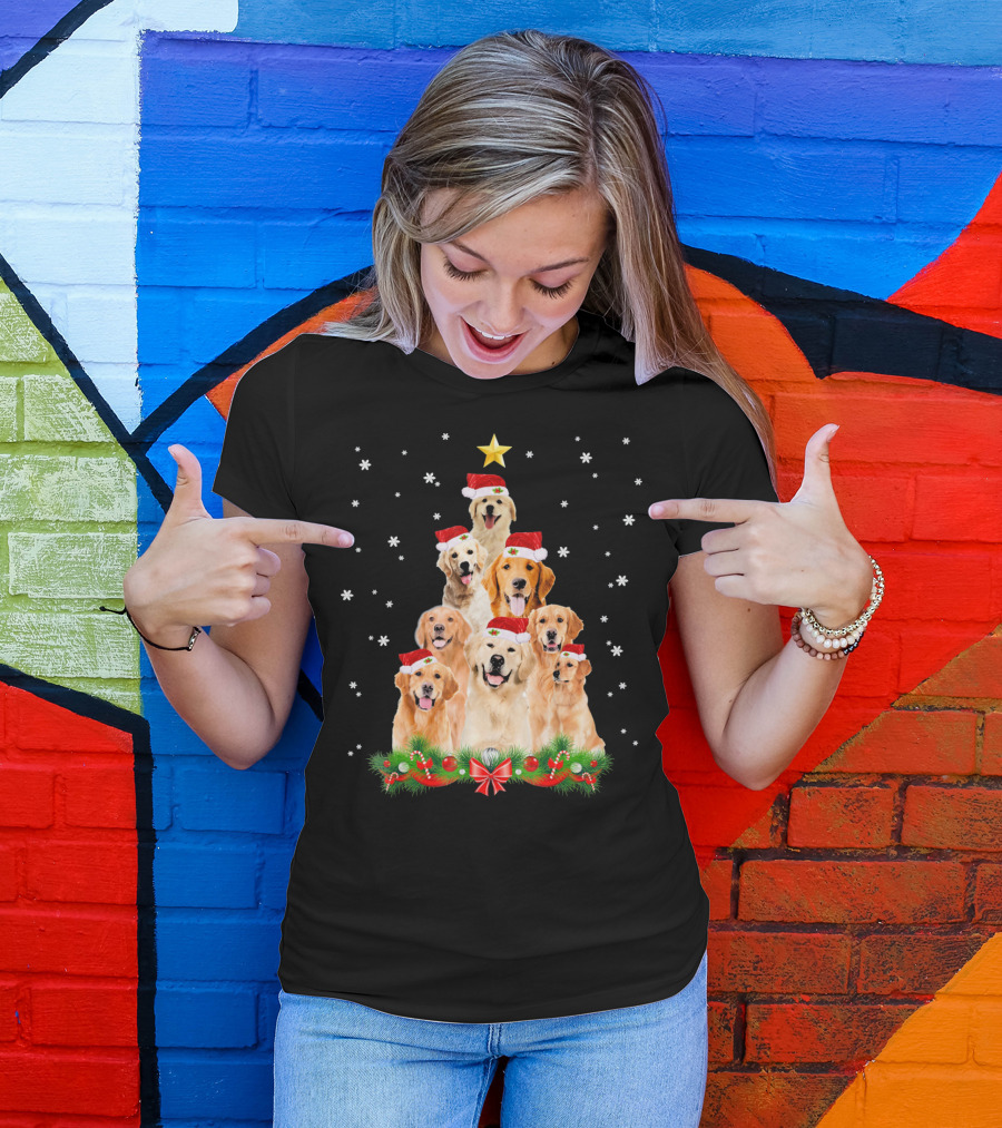 Golden Retriever Christmas Tree With Santa Hats And Snowflakes T-Shirt