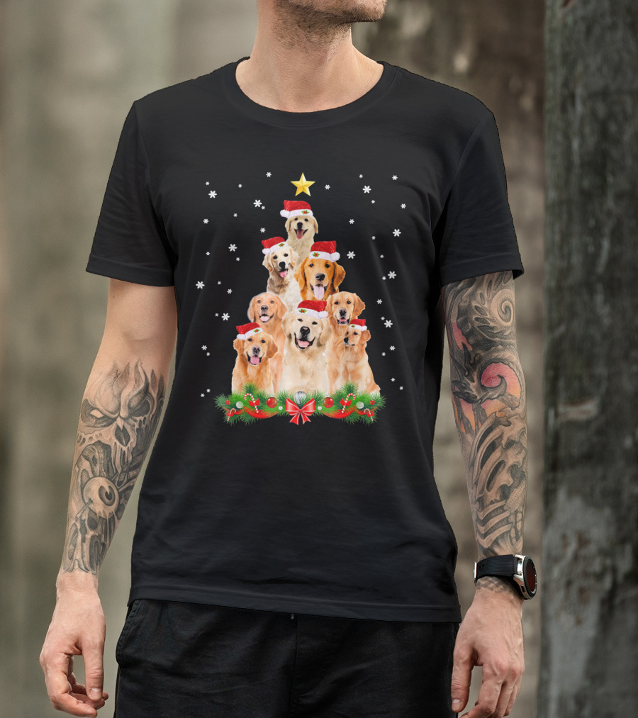 Golden Retriever Christmas Tree With Santa Hats And Snowflakes T-Shirt
