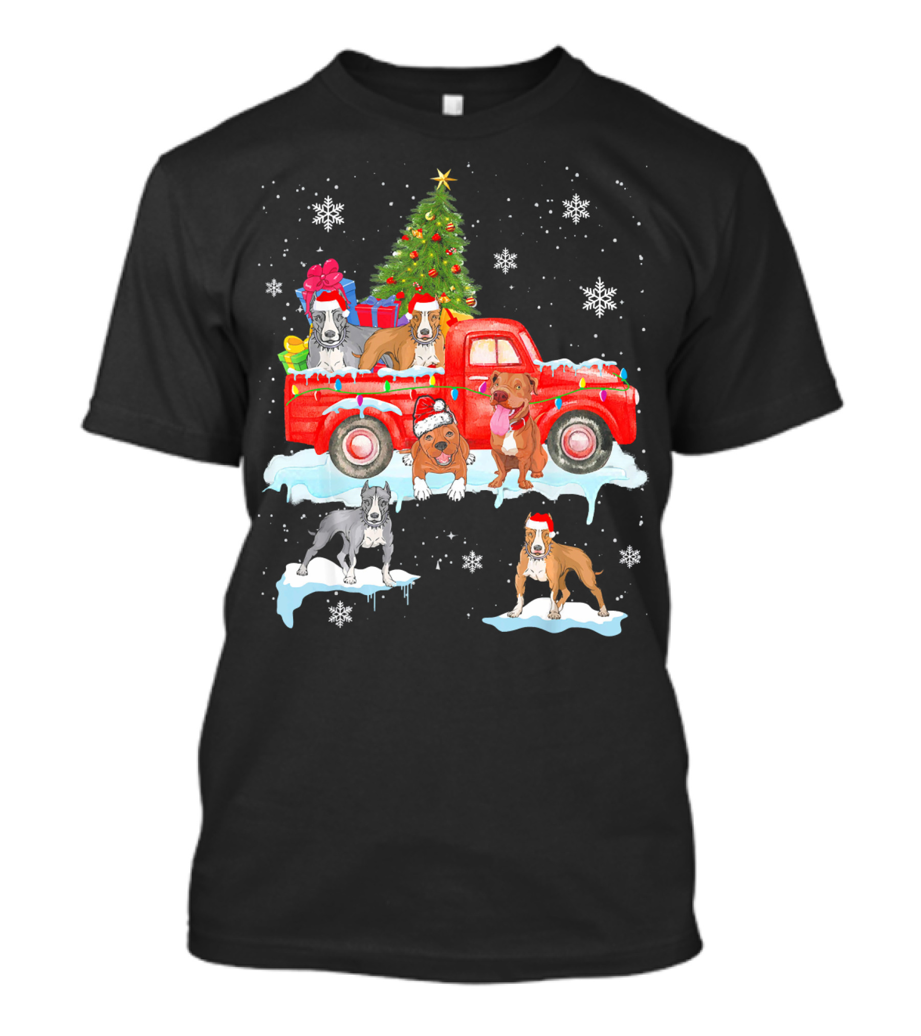 Christmas Pit Bull Dogs On Red Truck With Tree And Gifts T-Shirt