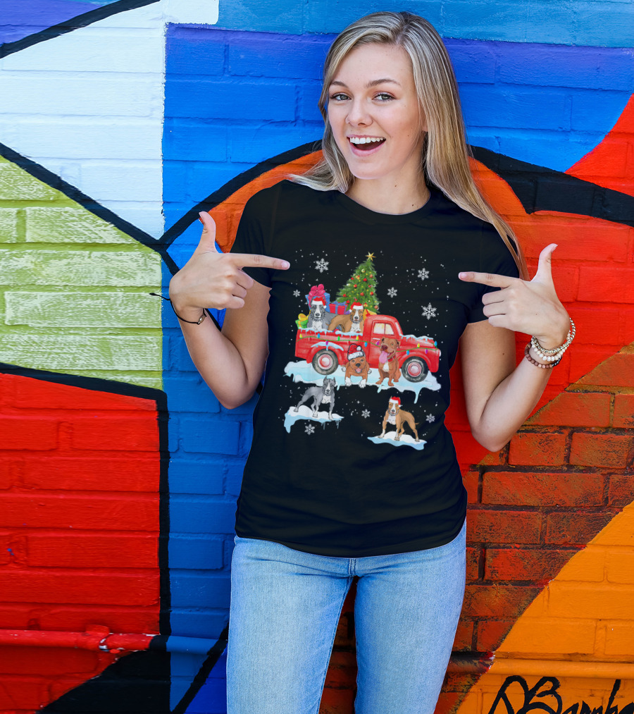 Christmas Pit Bull Dogs On Red Truck With Tree And Gifts T-Shirt