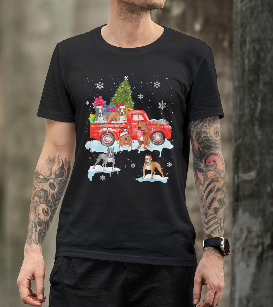 Christmas Pit Bull Dogs On Red Truck With Tree And Gifts T-Shirt