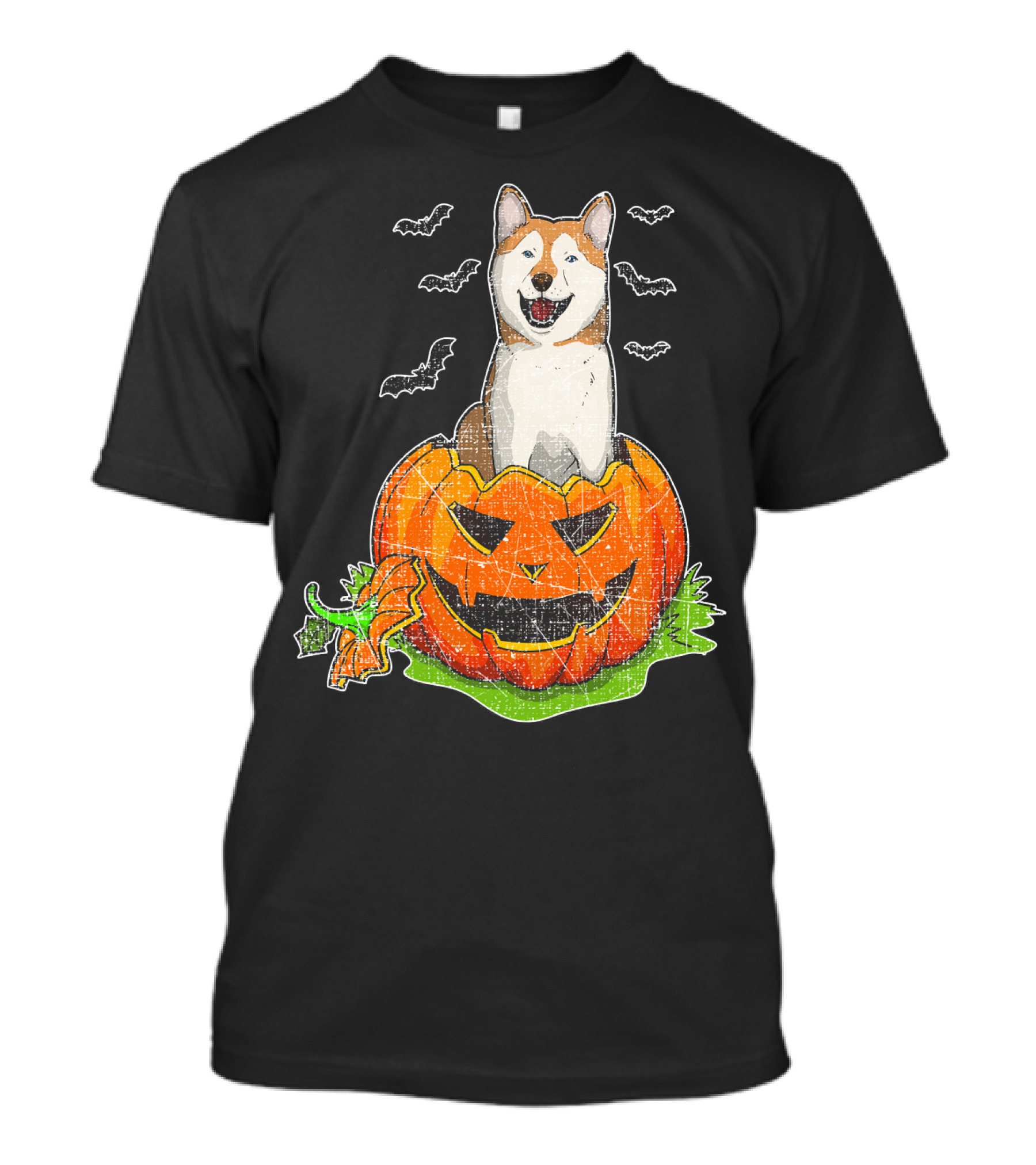 Adorable Akita Dog In Jack-O'-Lantern With Flying Bats Halloween Pumpkin T-Shirt